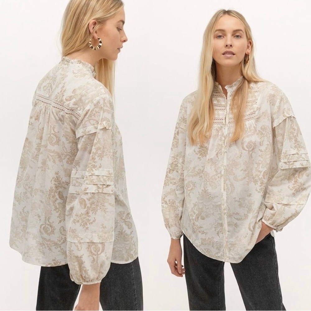 URBAN OUTFITTERS X LAURA ASHLEY Arianna High Neck Blouse in Cream Toile De Jouy